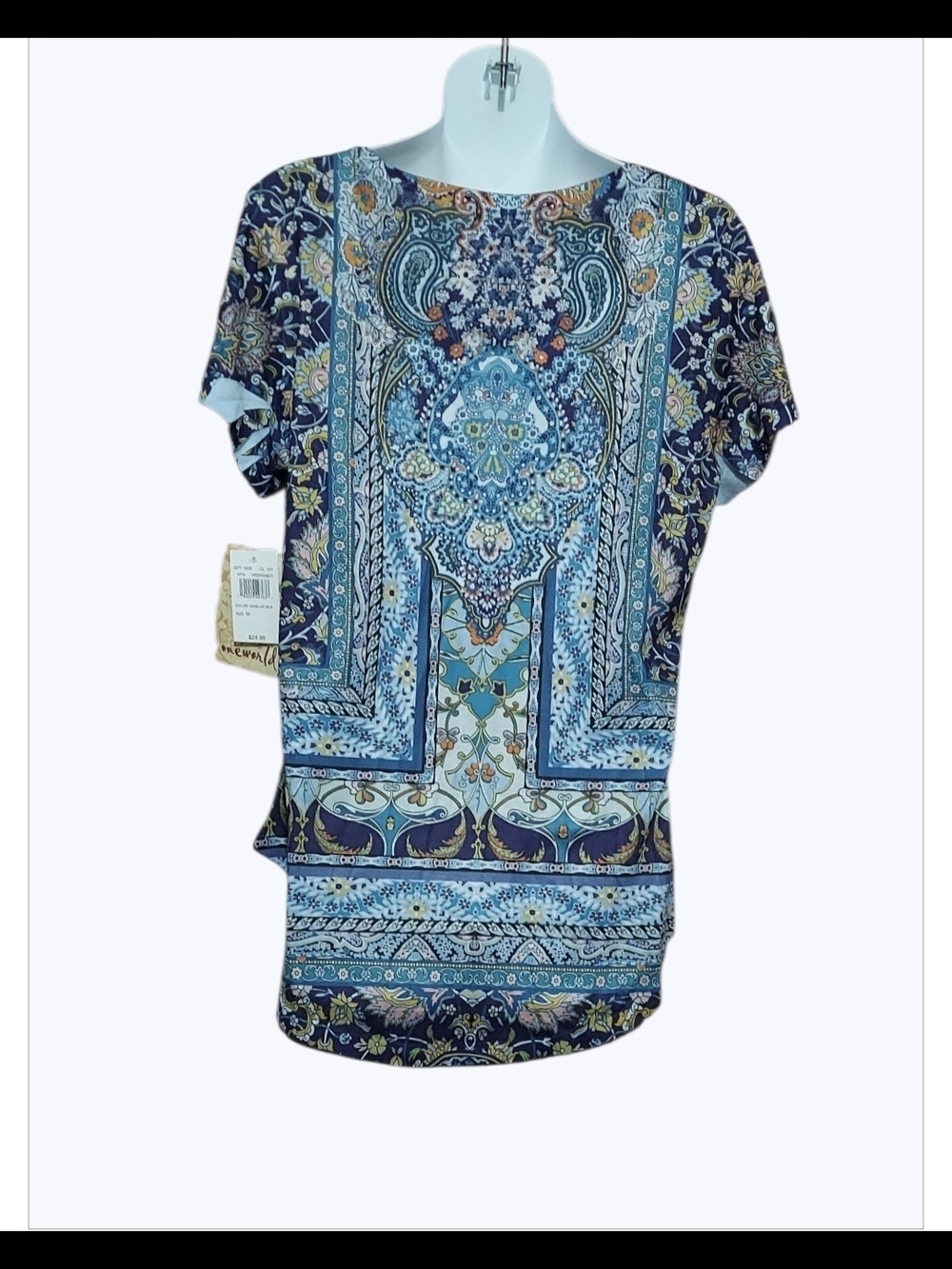 NWT ONE WORLD Blue Paisley Print Short Sleeve Tee sz Medium - Picture 3 of 5
